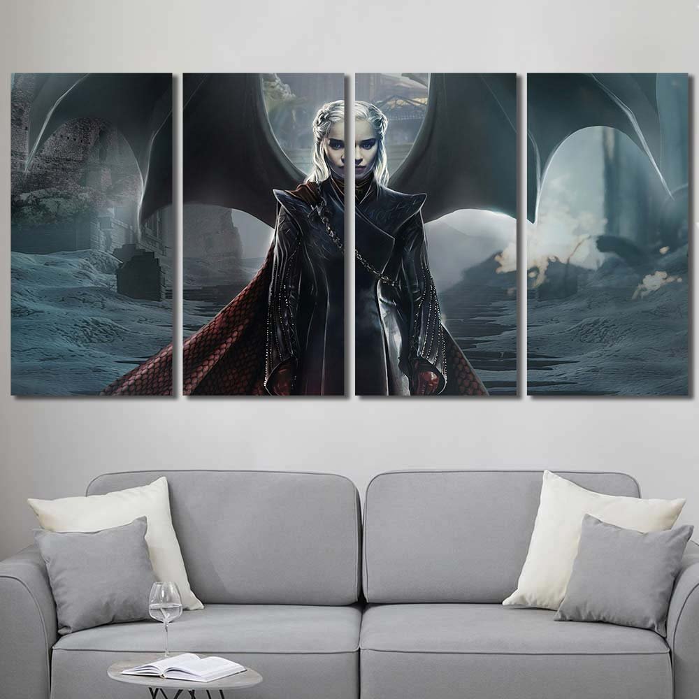 Walldecor Metal Frame Emilia Clarke Daenerys Targaryen Game Of Thrones Dragon Wings Silver Hair 4pcs Regular GT7C170